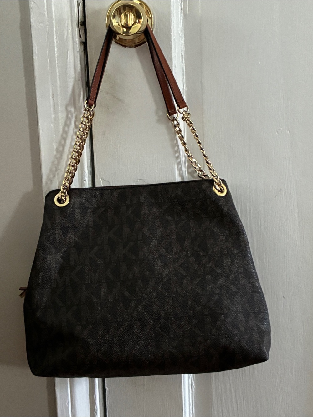 Michael Kors Brown/Black Monogram Chain-Trim Shoulder Bag
